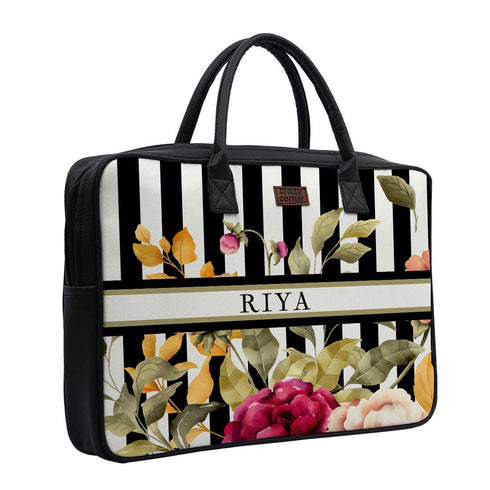 Customized Floral Printed Canvas and PU Laptop Bag - Uncommongifts.in